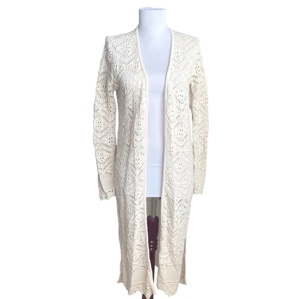 Freshman 1996‎ Cream Crochet Open Front Duster Cardigan Sweater S Festival Boho